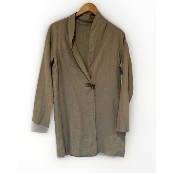Robin Lane Womens Jacket Tan Linen Knee Length Sz 1 S Lagenlook Minimalist - Picture 1 of 11